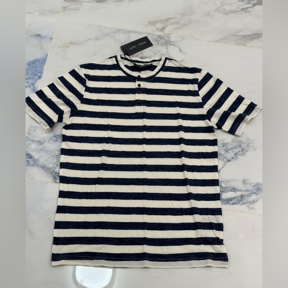 New Slate & Stone Striped white and navy blue Henley Shirt Small casual comfort